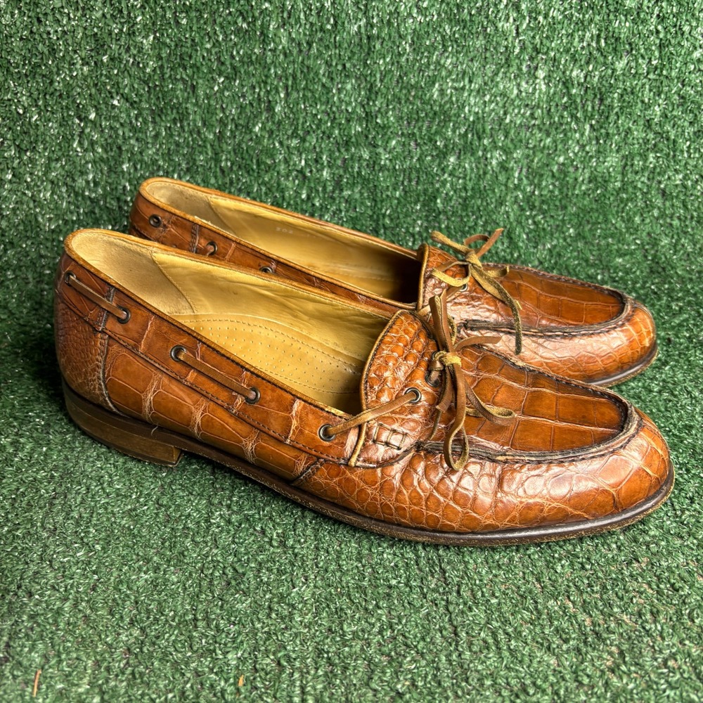 Zelli Genuine Alligator Leather Exotic Boat Style Tie Loafer Brown Men 11.5 Wide